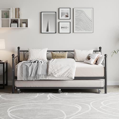 Modern Metal Daybed with Pull-Out Trundle and Floral Headboard, Twin Size, Black