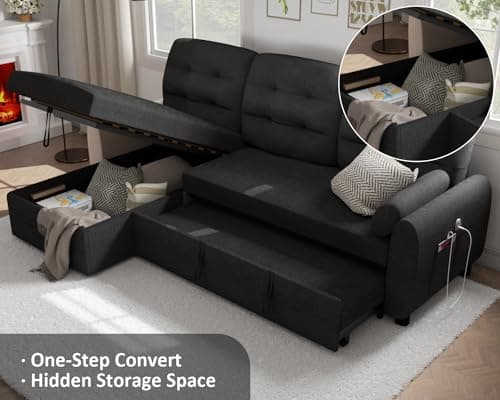 Ucloveria 87" Sleeper Sofa Bed with Reversible Chaise & Side Pocket | Black Linen Fabric