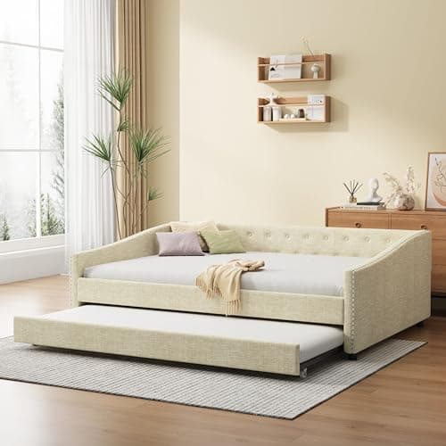 Light Grey Twin Daybed with Trundle and Button Tufted Upholstery