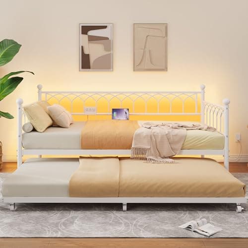 GarveeHome Twin Daybed with Trundle
| Day Bed with Charging Station & LED Lights
| Metal Sofa Bed Frame with Pull Out Trundle for Living Room and Bedroom