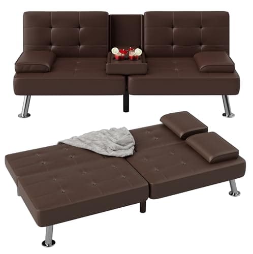 Flamaker Black PU Leather Modern Folding Futon Sofa Bed with Cup Holders