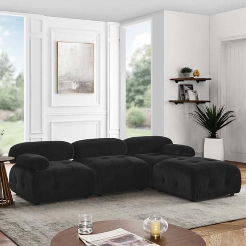 Antetek Modern Velvet L-Shaped 3-Seater Sofa with Movable Ottoman, 93-inch L Couch Furniture Set, Pink