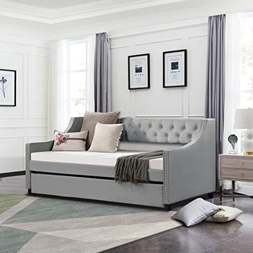 Modern Grey Velvet Upholstered Twin Daybed with Trundle - No Box Spring Needed