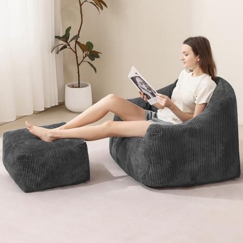 Oversized Plush Bean Bag Chair with Ottoman & Armrests, Cozy Reading Chair, Blue