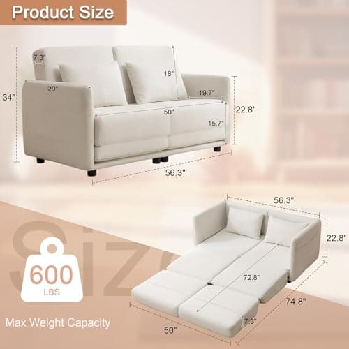 56.3" W x 74.8" D Full Size Pull Out Sofa, White Sleeper with Side Pockets