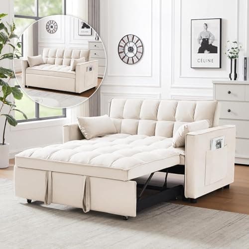 Gray Velvet 3-in-1 Convertible Sleeper Sofa Bed with Armrests, Storage Pockets & 2 Pillows for Living Room, Apartment, Bedroom, or Office