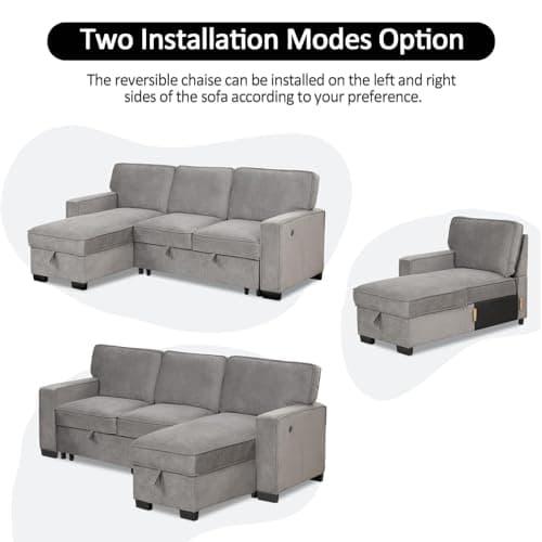 Grey Chenille 3-in-1 Convertible Sleeper Sofa Bed with Storage
