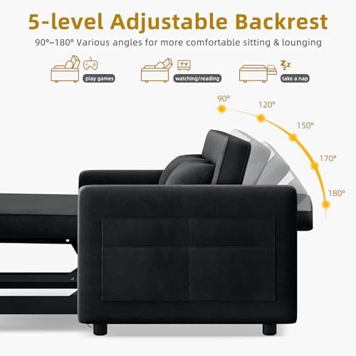 Black 55" 3-in-1 Convertible Sofa Bed with Velvet & Adjustable Backrest