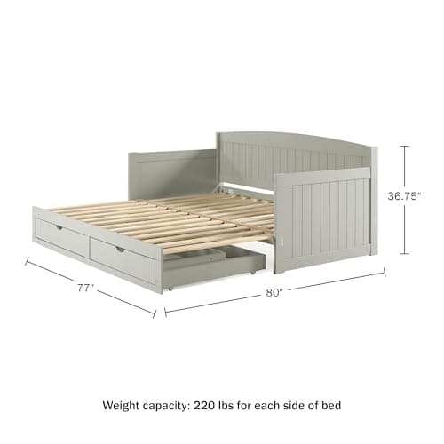 Alaterre Harmony Wood Daybed, Dove Gray, 2 Drawers, 440 lbs Capacity