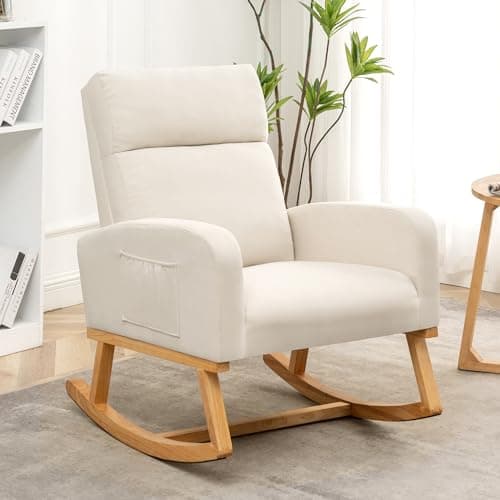 Sherpa Nursing Rocking Chair, Upholstered Glider with Side Pocket, Light Grey