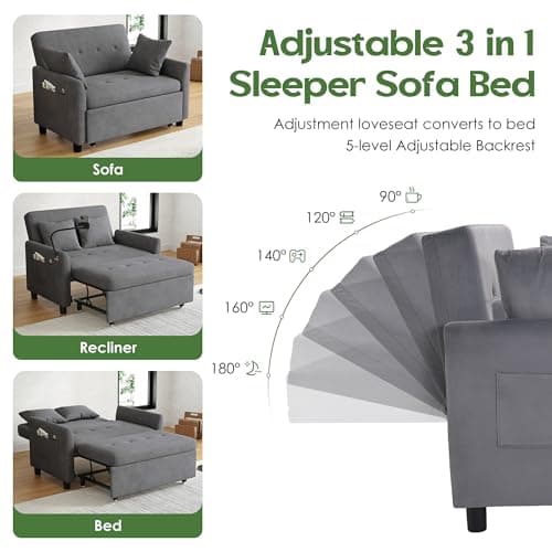 3-in-1 Convertible Sleeper Sofa Bed, Grey Velvet Love Seat with Pillow and Phone Holder