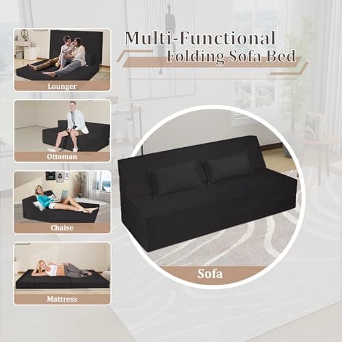 5-in-1 Queen Convertible Sofa Bed with Memory Foam Mattress, Velvet Fabric, Black