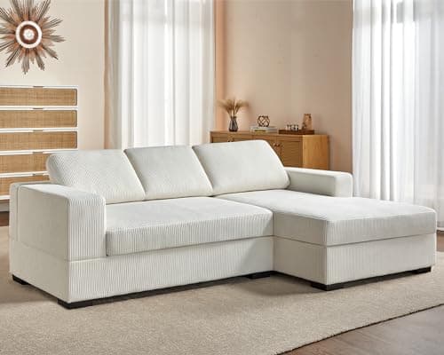 AMERLIFE 96 Inch Oversized Sectional Sofa, White Corduroy Chaise Couch