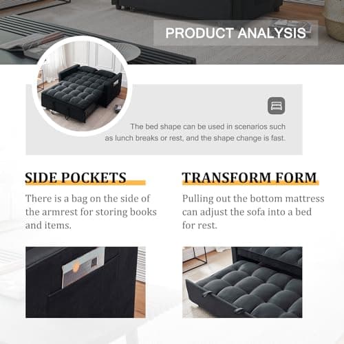 Black Modern 3-in-1 Futon Sofa Bed with Storage and Adjustables