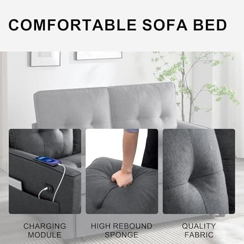 3-in-1 Convertible Sofa Bed: Dark Grey Pull Out Sleeper with USB Ports