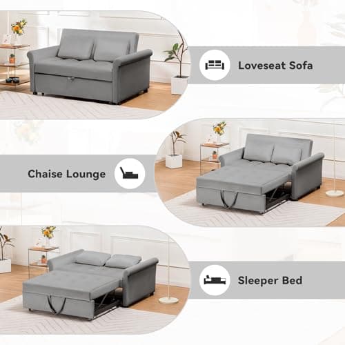 55 Convertible Sleeper Sofa Bed with Reclining Backrest and Pillows for Living Room, Grey
