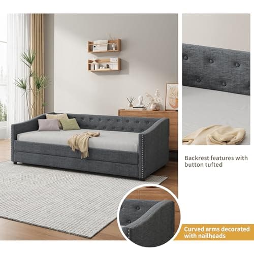 Dark Grey Nailhead Decorated Twin Daybed with Button Tufted Backrest and Wood Slat Support