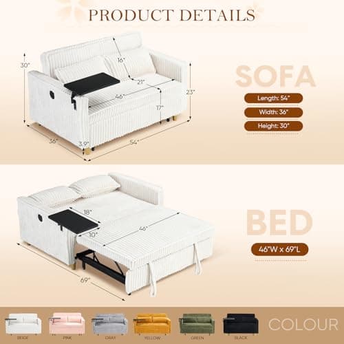 Antetek 3-in-1 Corduroy Convertible Sofa Bed, Beige Metal Frame