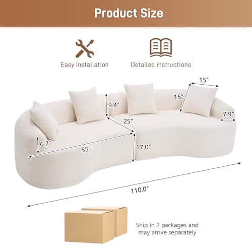 Modern Luxury 110" Oversized Curved Chenille Sectional Sofa, Cream White, No Assembly Needed