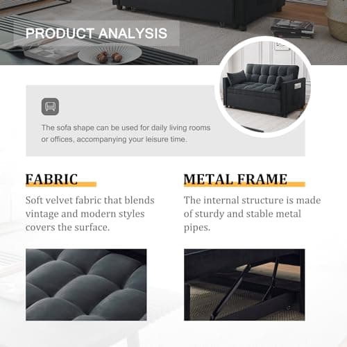 Black Modern 3-in-1 Futon Sofa Bed with Storage and Adjustables