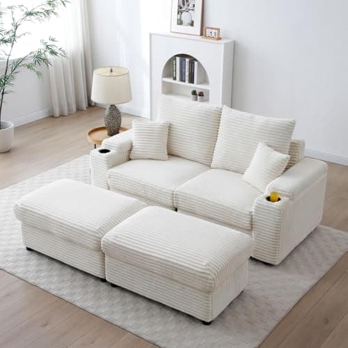 Modern Upholstered Blue Chaise Longue with Cup Holders & Storage Ottoman
