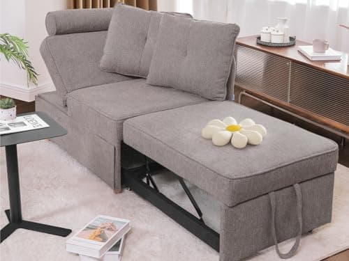 4-in-1 Sleeper Sofa Bed Linen Fabric Couch with 2 Throw Pillows & Single Recliner