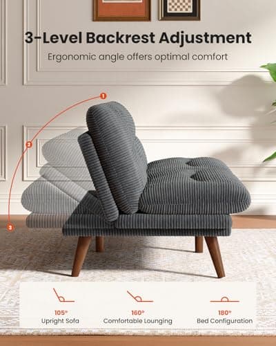 AMADA Vintage Adjustably Backrest Futon Sofa Bed, Grey Corduroy