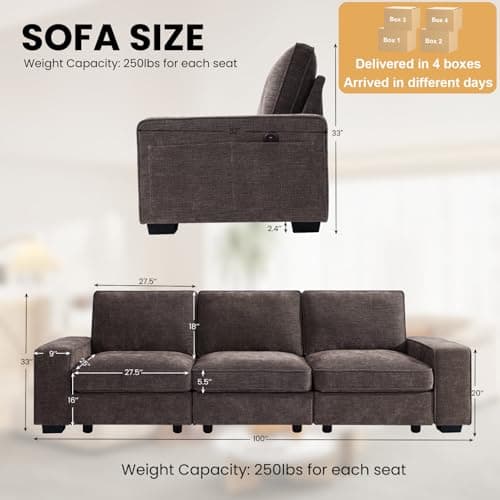 TEKAMON 100" Modular Storage Sofa, Dark Grey Chenille Couch with USBcharging