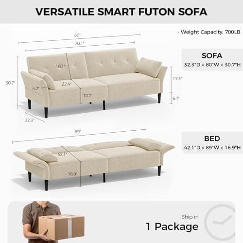 Modern 89 Velvet Futon Sofa Bed with Pillows - Beige Color