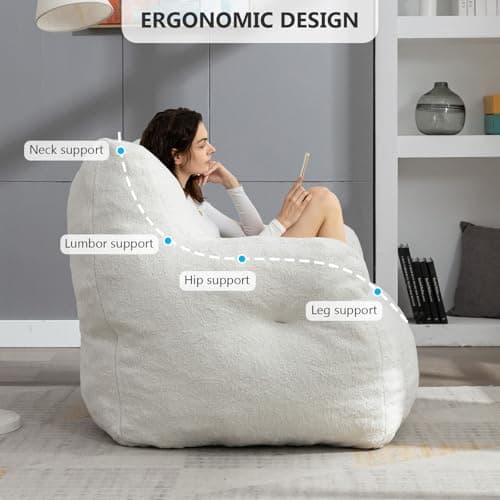 Hison Fluffy Bean Bag Chair with Armrests (White)