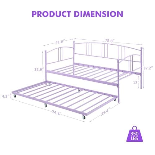Twin Metal Daybed with Trundle, Easy Assembly, Purple Guest Sofa Bed
| Pullout Trundle Bed Frame with Arched Headboard, No Box Spring Required, Purple
| Purple Guest Sofa Bed with Steel Slat Support, Easy Assembly