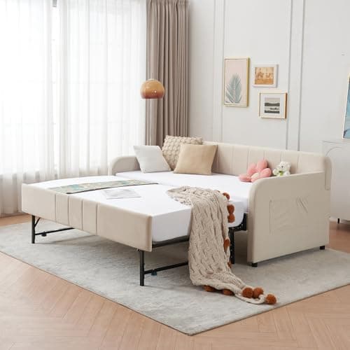 Twin Daybed with Pop Up Trundle for Guest Room Bedroom | Velvet Tufted Upholstered Twin to King Size Daybed Frame | Beige  
Pop Up Trundle Daybed for Guest Room | Velvet Tufted Upholstered Twin to King Size | Beige  
Twin to King Size Daybed with Pop