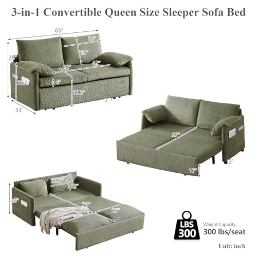 3-in-1 Corduroy Green Queen Sleeper Sofa Bed with Side Pockets
