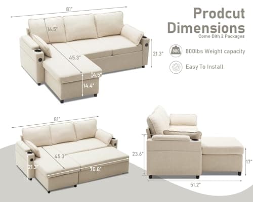 DURASPACE Beige 2-in-1 Pull Out Sectional Sleeper Sofa with Storage