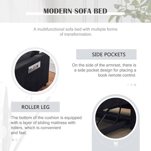 3-in-1 Black Sleeper Sofa Bed with Adjustable Backrest