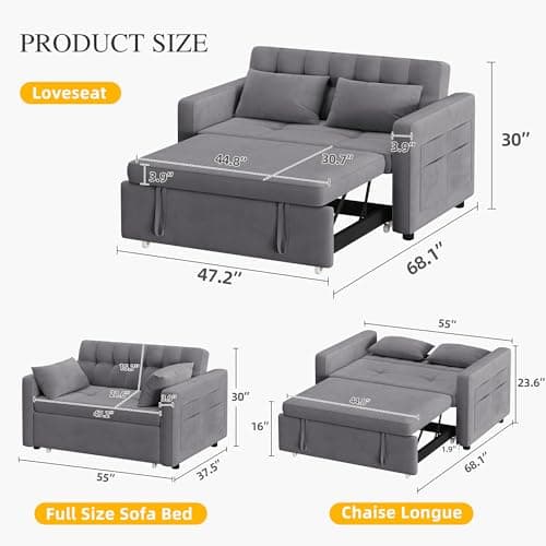 DWVO 3-in-1 Convertible Sofa Bed, Grey with Pull-Out Bed and Adjustable Backrest
