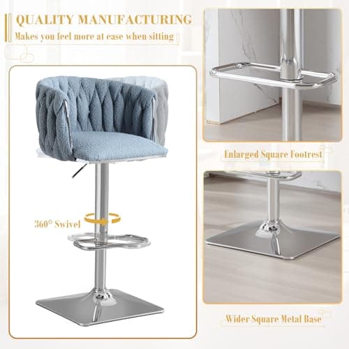 Antetek Modern Swivel Bar Stool Set, Adjustable Height, Woven Back, Silver Base, Blue Teddy