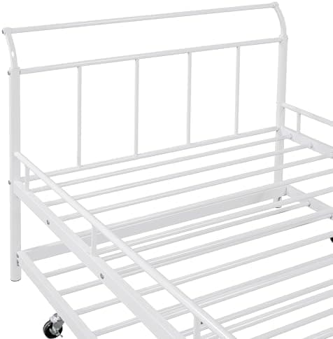 Twin Size Daybed with Trundle Twin, Heavy Duty Daybed with Curved Handle and Slats, Metal Daybed for Kids, Girls, Boys, No Box Spring Needed, White Day Bed Twin Size