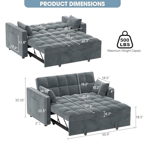Gray 3-in-1 Velvet Sleeper Sofa Bed 55.9" Living Room Furniture