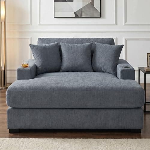 Modern 55" Oversized Chaise Lounger, Luxurious Chenille Fabric Single Sofa Chair with Pillows, Charge Station & Cup Holders for Living Room Apartment Offices (Blue Gray-55'')
