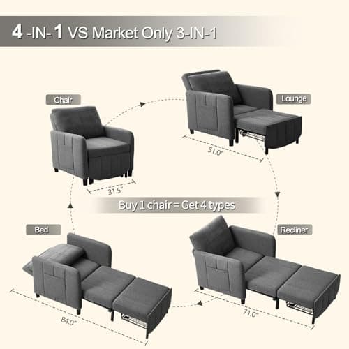 84" Extra Long Convertible Chair Bed | Sleeper Chair & Pull-Out Sofa Bed (Dark Grey)