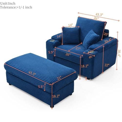 Modern Upholstered Blue Chaise Longue with Cup Holders & Storage Ottoman