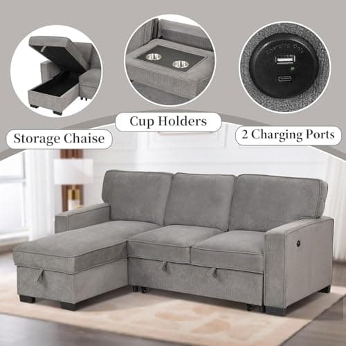 Grey Chenille 3-in-1 Convertible Sleeper Sofa Bed with Storage