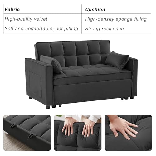 3 in 1 Convertible Sleeper Sofa Bed, Black Velvet Living Room Couch with Side Pocket | Adjustable Backrest
