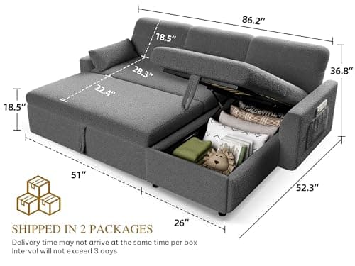 YITAHOME 86" L-Shaped Sleeper Sofa, 2-in-1 Convertible Storage Chaise, Grey