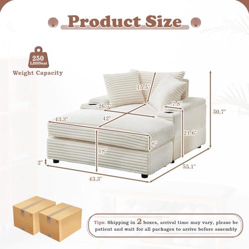 Modern Oversized Chaise Lounge Chair with Cup Holders for Living Room or Bedroom