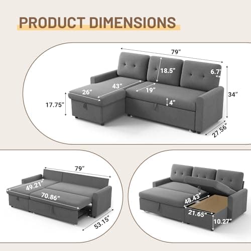IULULU Medium Grey L-Shaped Sleeper Sofa with Pullout Bed