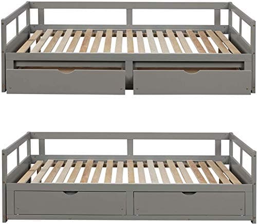 Meritline Extendable Daybed Frame, Twin to King, Gray Storage Drawers