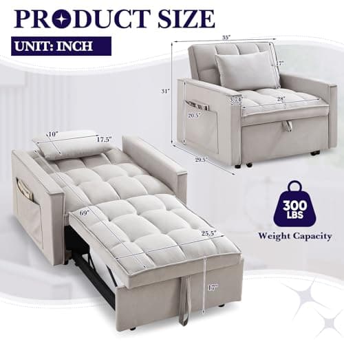 Grey Convertible Velvet Sleeper Sofa Chair Bed with Adjustable Backrest