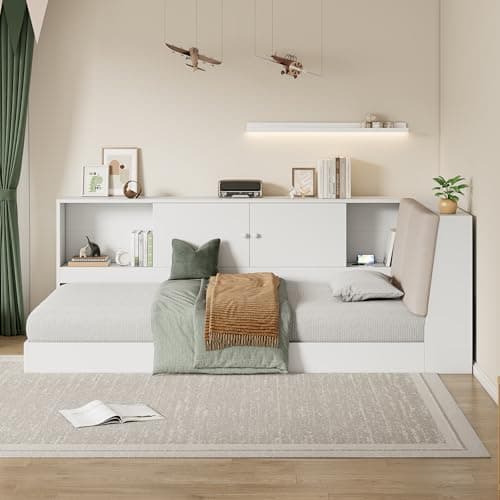 Full Size L-Shaped Floor Bed with Storage, Charging Station, & LED Headboard